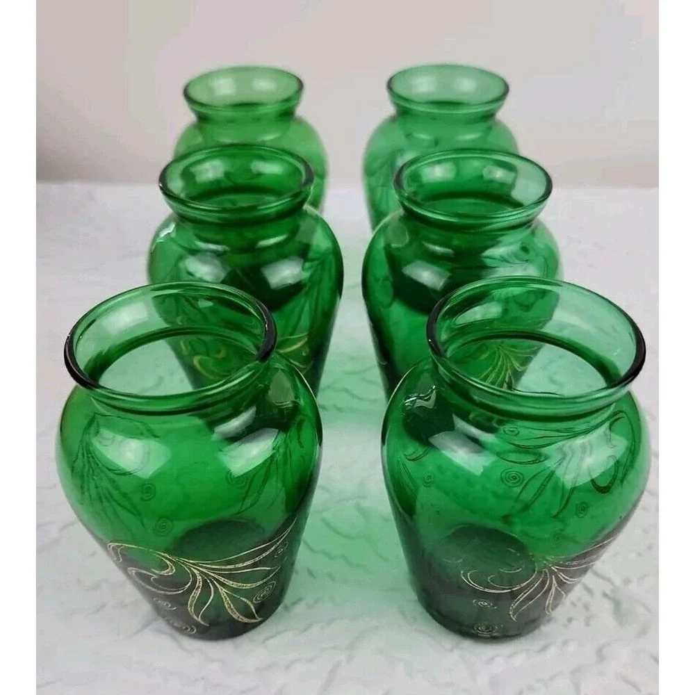 Vintage Anchor Hocking Emerald Green Glass Bud Vase Gold Accents 3.75